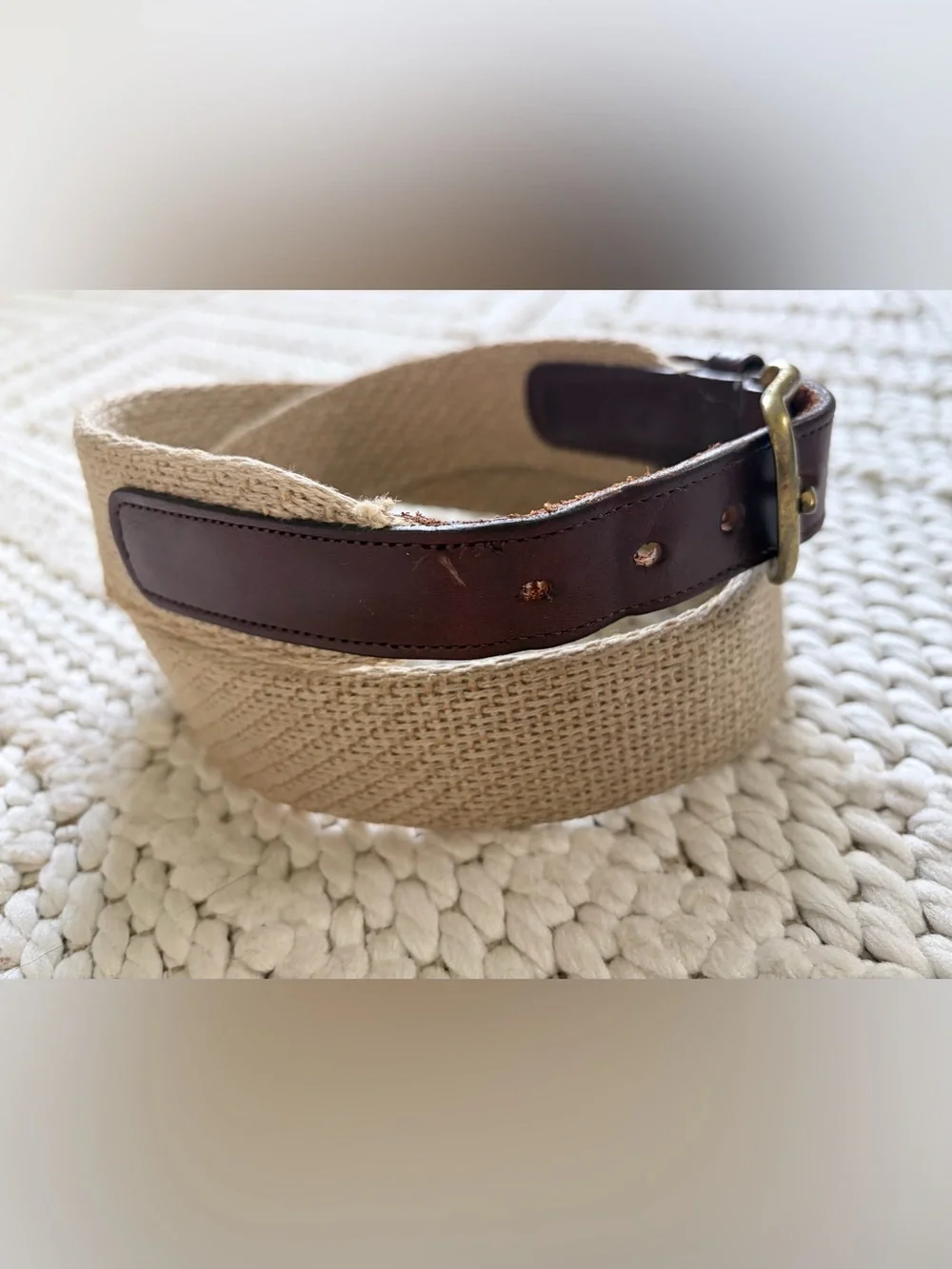 COACH Harness Leather Hemp & Brass Beige Tan Woven Belt 3707 Mens Size 36 EUC